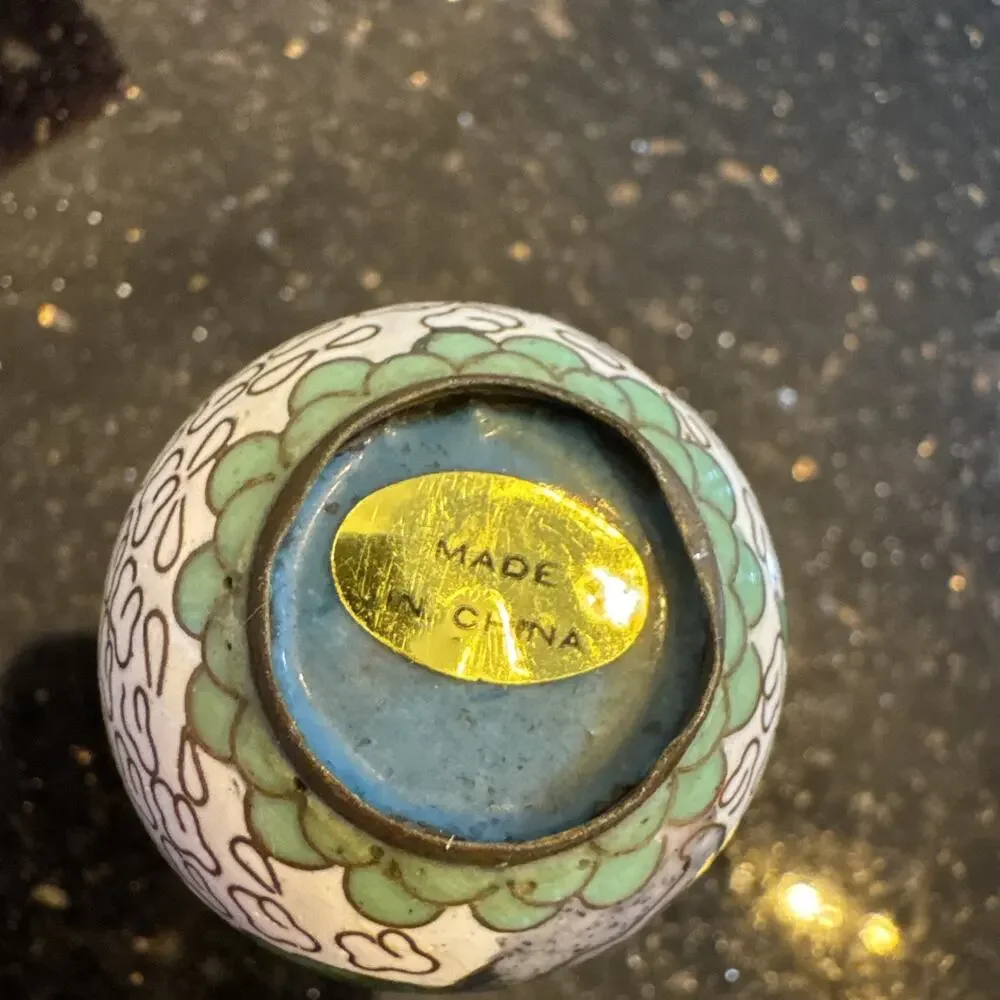 VTG Chinese Cloisonné Floral Bird Enamel Brass Mini Vase White Purple Yellow